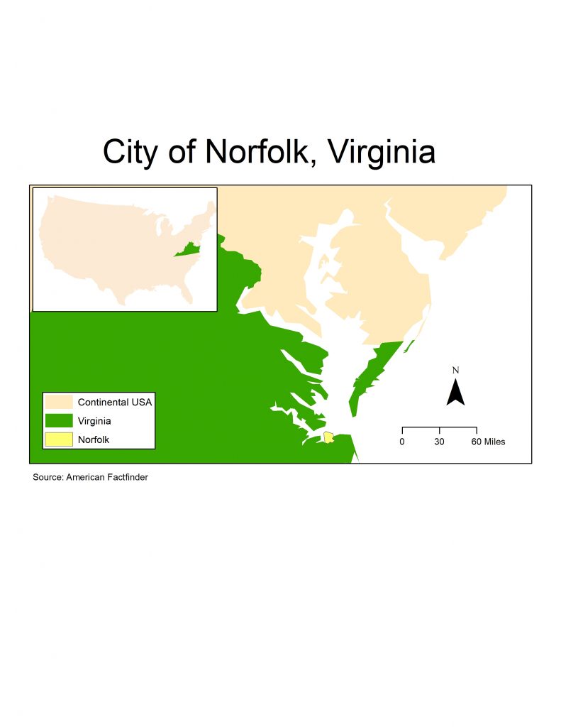 Figure 1. Map showing the City of Norfolk, VA (yellow). The inset shows a map of the continental U.S. with the state of Virginia highlighted (green).