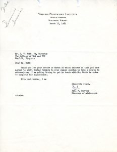 Admission Letter for Irving Peddrew, 1954