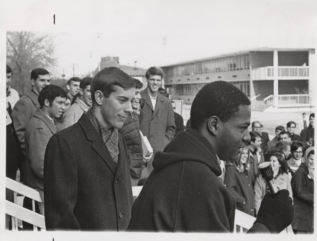 Ron Horne (right) and Gene Woolard Speaking in front of Webb University Center, 1969