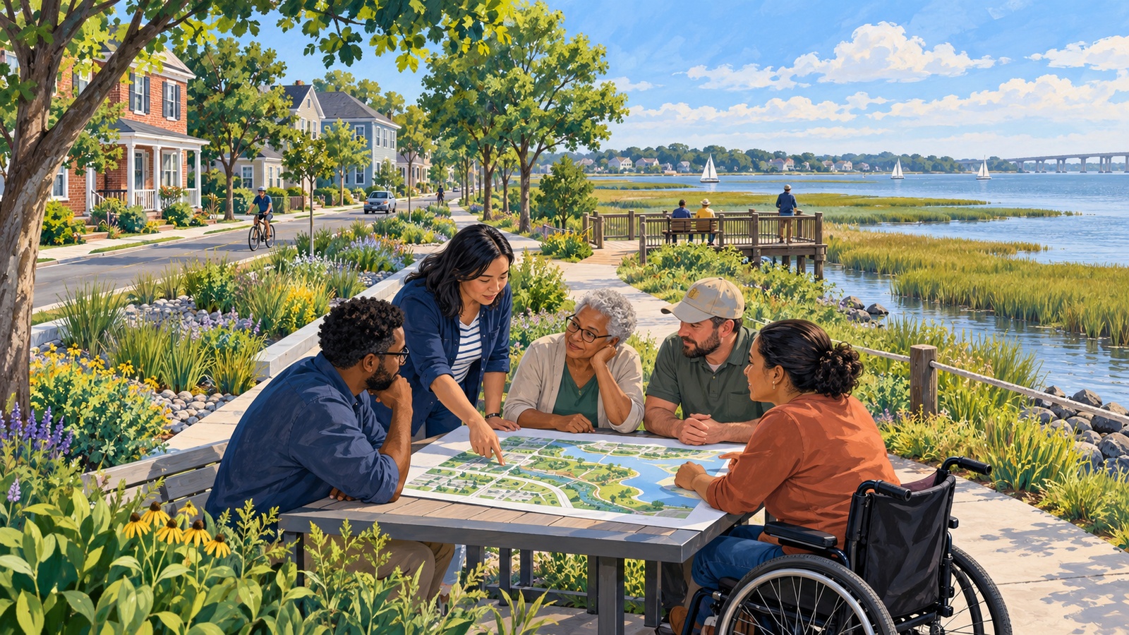 Residents and a planner reviewing a neighborhood plan beside rain gardens, shaded streets and a coastal marsh.