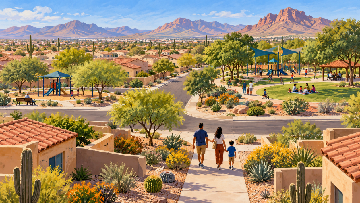 Illustration of a family approaching two parks in a desert neighborhood, one small and quiet and another larger with people playing and gathering.