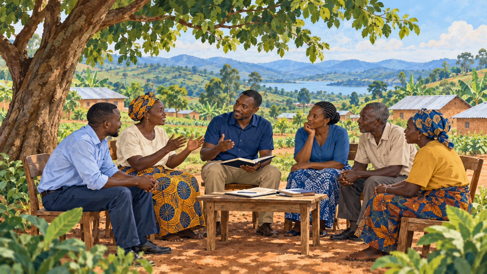 Six adults discussing ideas around a table beneath a tree, with gardens and rural buildings in the background.