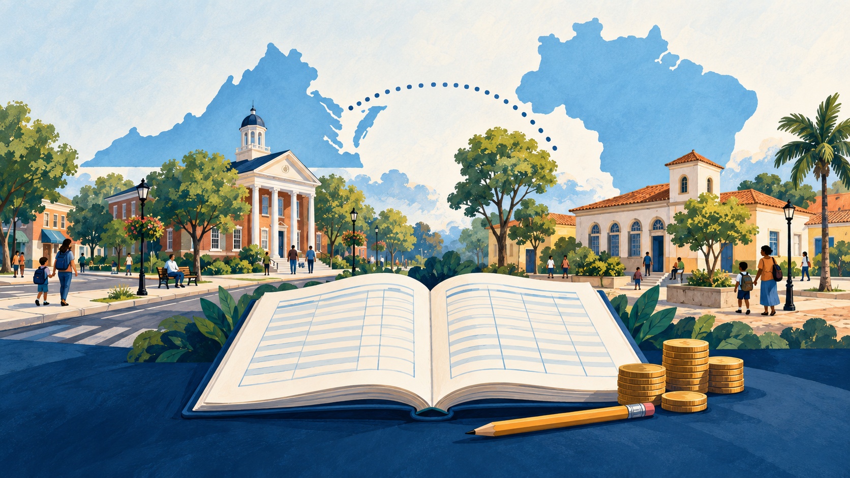 Illustration of Virginia and Brazil above civic buildings and residents, with an open budget ledger, pencil and coins in the foreground.