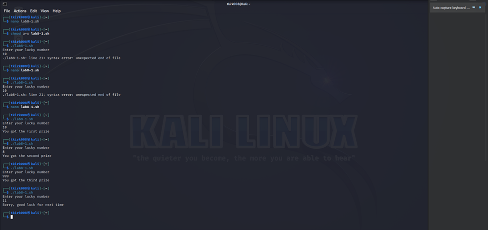 first screenshot image assignment 8 using a linux terminal virtual machine using a lucky number script.