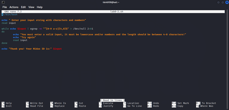 2nd screenshot image of assignment 8 using an Linux virtual machine to write a bash script.