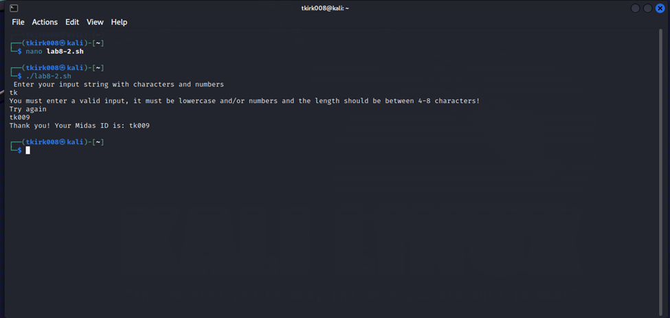 3rd screenshot image of assignment 8 using a linux virtual machine using the update bash script and receiving a thank you message followed by the student ID after imputing the student midas ID.