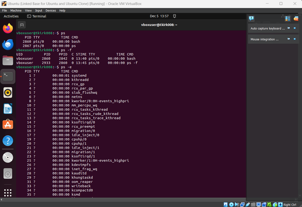 first screenshot image of assignment 15 using an ubuntu virtual machine using the ps, ps -f, and ps -e commands and their outputs.