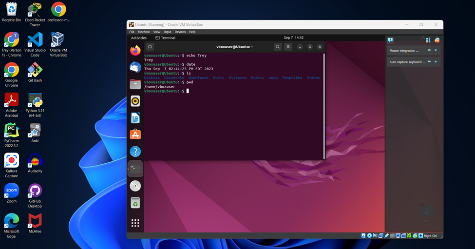 Screenshot image of assignment 1 using an Ubuntu virtual machine with the echo command, date command, ls command, and pwd command.