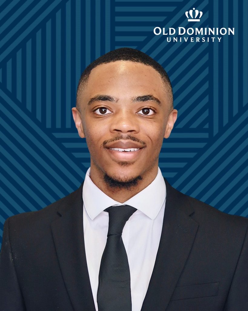 Image of Treyvien Kirk in a black blazer, White dress shirt, and black tie, with a navy blue background and Old Dominion University Logo above the top right.