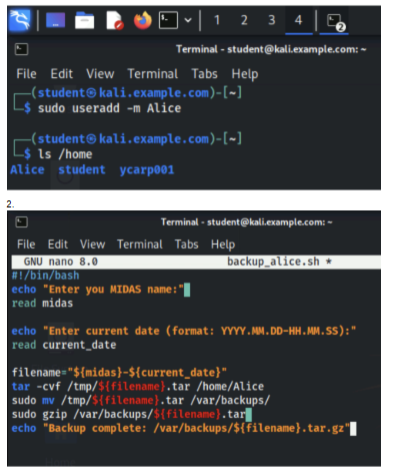 Terminal screenshots showing Linux user creation and a Bash backup script